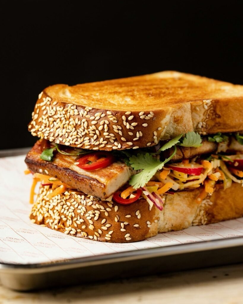 A toasted sandwich on seeded bread filled with grilled protein, chilli, carrot and fresh herbs
