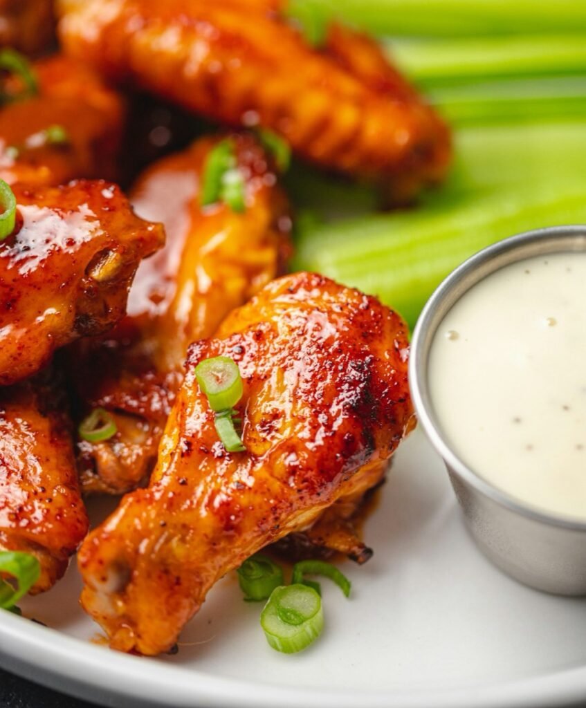 Glazed chicken wings on a plate with celery and a pot of dipping sauce